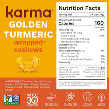 Karma Golden Turmeric Wrapped Cashews nutrition label, air roasted, gluten-free, vegan snack with turmeric and chili