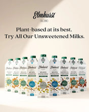 Elmhurst unsweetened plant-based milks: oat, almond, cashew, pistachio, coconut, walnut, hazelnut varieties