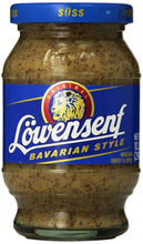 Lowensenf Bavarian Style Sweet & Spicy Mustard in glass jar, imported condiment for sandwiches and grills