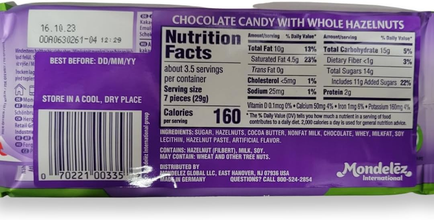 Milka Whole Hazelnuts Chocolate Bar, Alpine Milk Chocolate with Whole Hazelnuts, 3.35 oz (95g)