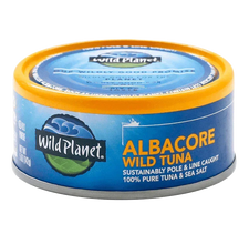 Wild Planet Albacore wild tuna can, sustainably caught, grocery product on white background