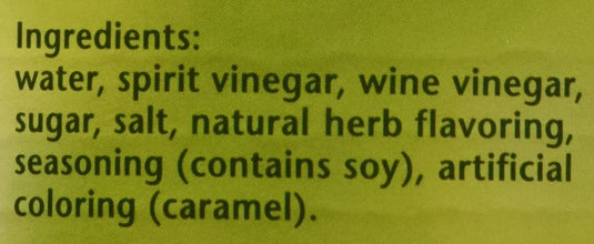 Ingredients list with water, vinegar, sugar, salt, herb flavoring, soy seasoning, caramel coloring