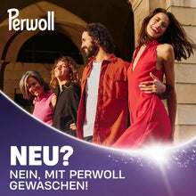 Perwoll laundry detergent ad with happy group outdoors, fresh clothes, vibrant colors