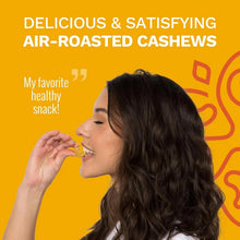 Woman enjoying air-roasted cashews, a delicious healthy snack against vibrant yellow background