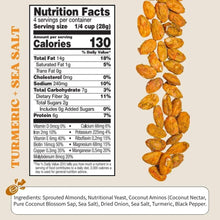 Turmeric sea salt sprouted almonds with nutrition facts label and ingredient list visible