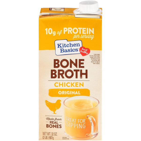 Kitchen Basics chicken bone broth carton, original flavor, 32 oz, high protein, grocery product