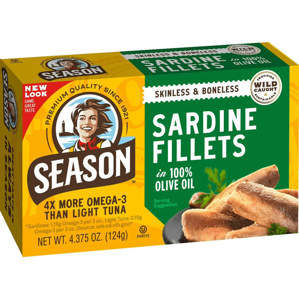 Season Sardine Fillets in 100% Olive Oil, Skinless & Boneless, Wild Caught, 4.375 oz (124g)