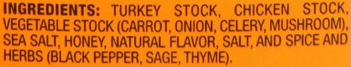 Ingredients label listing turkey stock, chicken stock, vegetable stock, spices and herbs.