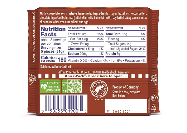 Ritter Sport Milk Chocolate with Whole Hazelnuts, 3.52 oz (100g)