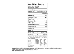 Nutrition facts label for chocolate bar with 230 calories, 15g fat, 29g carbs, 3g protein, and ingredients including cocoa butter and sugar