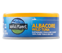 Canned Wild Planet Albacore wild tuna, sustainably caught, 5 oz, with blue and yellow label