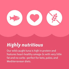 Wild caught tuna nutrition graphic with fish, heart, and no gluten icons, ideal for keto, paleo, and Mediterranean diets.
