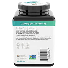 1,000 mg Ashwagandha supplement bottle, daily serving label, non-GMO verified, dairy-free, soy-free