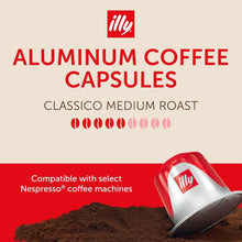Aluminum coffee capsule on ground coffee, label reads Classico medium roast, compatible with select coffee machines