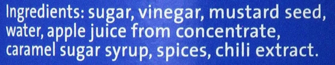 Ingredients list: sugar, vinegar, mustard seed, apple juice, caramel syrup, spices, chili extract
