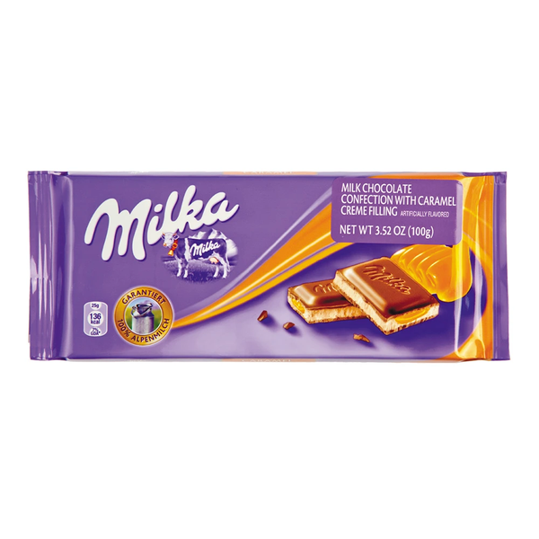 Milka Caramel Chocolate Bar, Alpine Milk with Caramel Creme Filling, 3.52 oz (100g)