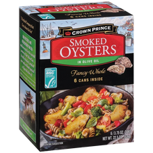 Crown Prince smoked oysters in olive oil fancy whole 6-can pack, grocery seafood product