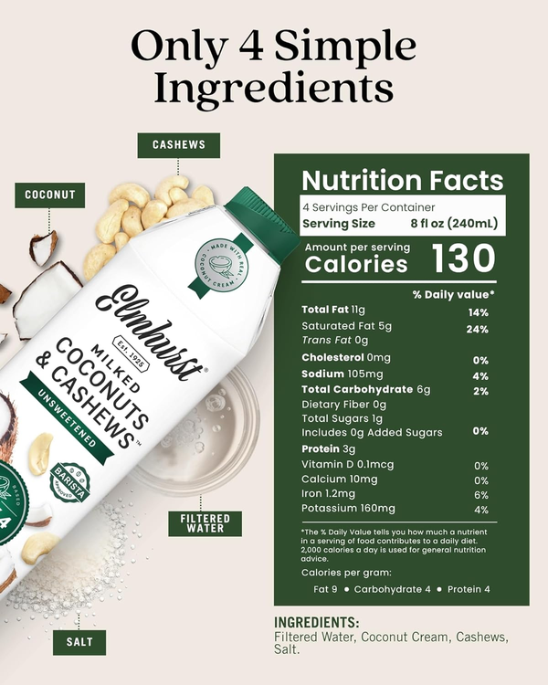 Elmhurst 1925 Unsweetened Milked Coconuts & Cashews – 32 oz