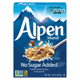Alpen muesli no sugar added cereal box with grains, fruits, nuts and blue mountain design