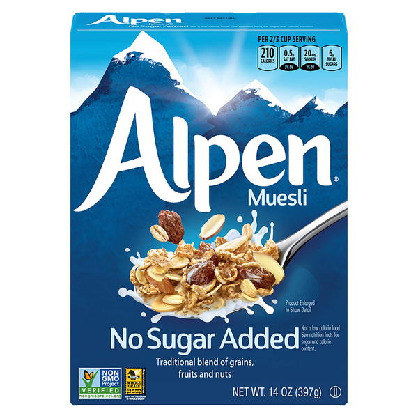 Alpen muesli no sugar added cereal box with grains, fruits, nuts and blue mountain design