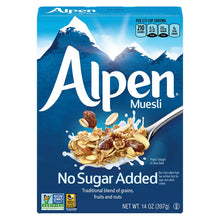 Alpen muesli no sugar added cereal box with grains, fruits, nuts and blue mountain design
