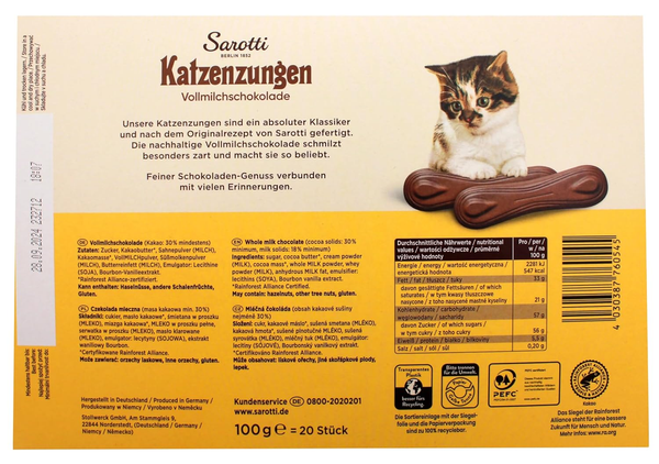 Sarotti Katzenzungen Whole Milk Chocolate 100g | Berlin 1852, 20 Pieces