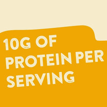 Text graphic with yellow background stating 10g of protein per serving, nutrition info