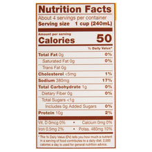 Nutrition facts label with 50 calories, 1 cup serving, low fat, 10g protein, 380mg sodium.