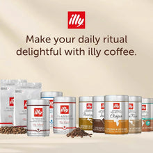 Assorted illy coffee tins and beans, featuring classic and arabica blends on a light background.