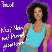 Woman with curly hair in teal activewear, Perwoll laundry detergent ad, vibrant purple background