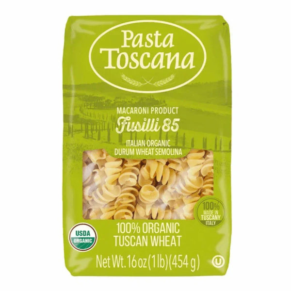 Pasta Toscana Fusilli 85, organic Italian durum wheat pasta in green 16oz package