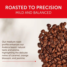 Medium roast Arabica coffee beans on white background, described as mild, balanced, caramel, orange blossom, jasmine notes.