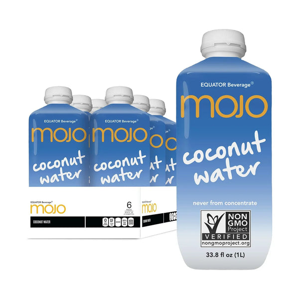 mojo coconut water 1L bottles six-pack, non-GMO, grocery beverage product