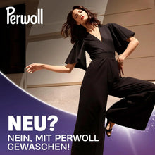 Woman in black jumpsuit posing with Perwoll laundry detergent ad, German text promoting fresh clothes