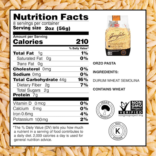 Garofalo Orzo Pasta nutrition facts, vegan, non-GMO, kosher, durum wheat semolina, 210 calories per serving