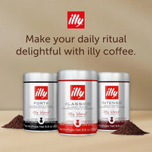Three cans of illy ground coffee blends—Forte, Classico, Intenso—on a beige background with coffee grounds.