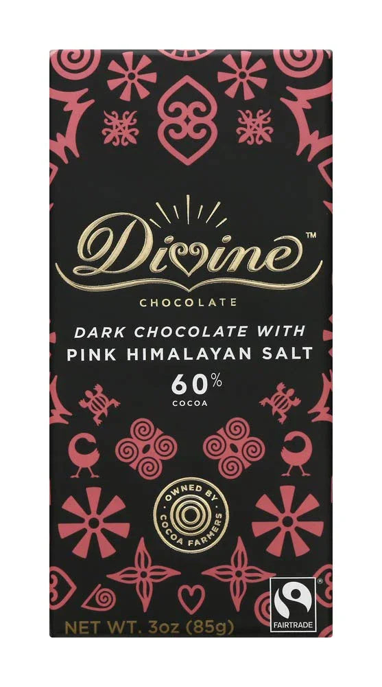 Divine Dark Chocolate with Pink Himalayan Salt, 3 oz Bar, 60% Cocoa, Fairtrade