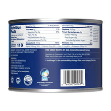 Nutrition facts and ingredients label on canned solid white tuna in water with barcode and eco certification logos