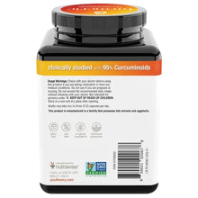 Curcumin supplement bottle with 95% curcuminoids, non-GMO, dairy-free, gluten-free, clinically studied for health support