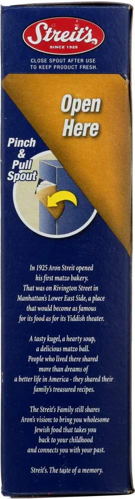Streit's matzo box with pinch & pull spout, vintage bakery story, kosher Jewish food since 1925