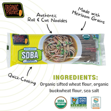 Organic soba noodles package with quick-cooking, heirloom grain, and USDA organic labels
