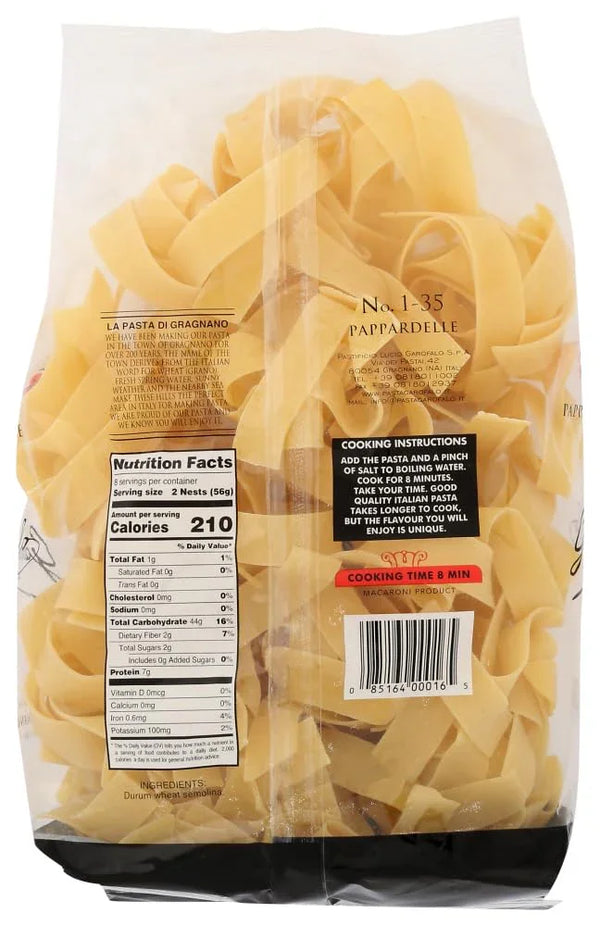 No. 1-35 Pappardelle pasta, wide flat noodles, Italian imported, 8 min cook time, nutrition facts visible