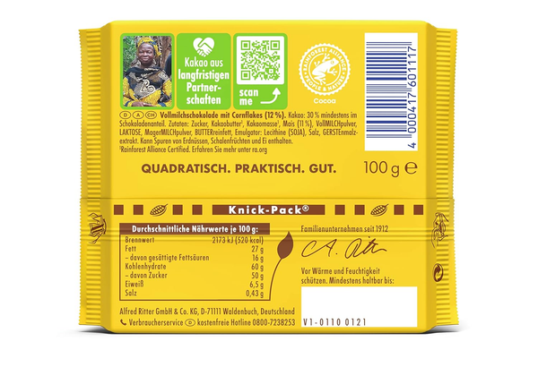 Ritter Sport Knusperflakes Milk Chocolate with Cornflakes, 3.53 oz (100g)