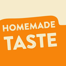 Homemade taste text on an orange and beige background, grocery and food theme