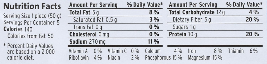 Nutrition facts label showing calories, fat, sodium, carbohydrates, protein and vitamins.