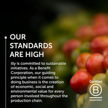 Ripe coffee cherries on a plant with text about sustainability and Benefit Corporation certification.