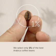 Close-up of hand holding a single Arabica coffee bean with text highlighting 1% selection quality.