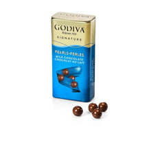 Godiva Signature Milk Chocolate Pearls in blue tin, premium imported chocolate snack