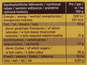 Nutritional facts label showing energy, fat, carbs, sugar, protein, and salt per 100g in multiple languages