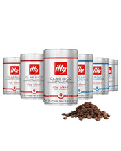 Assorted illy coffee bean cans and whole coffee beans, grocery and beverage product